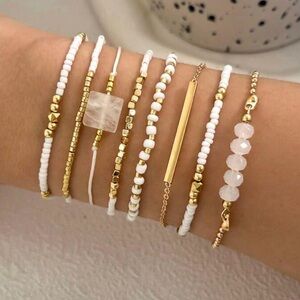 Gold and White Beaded Bracelet Set